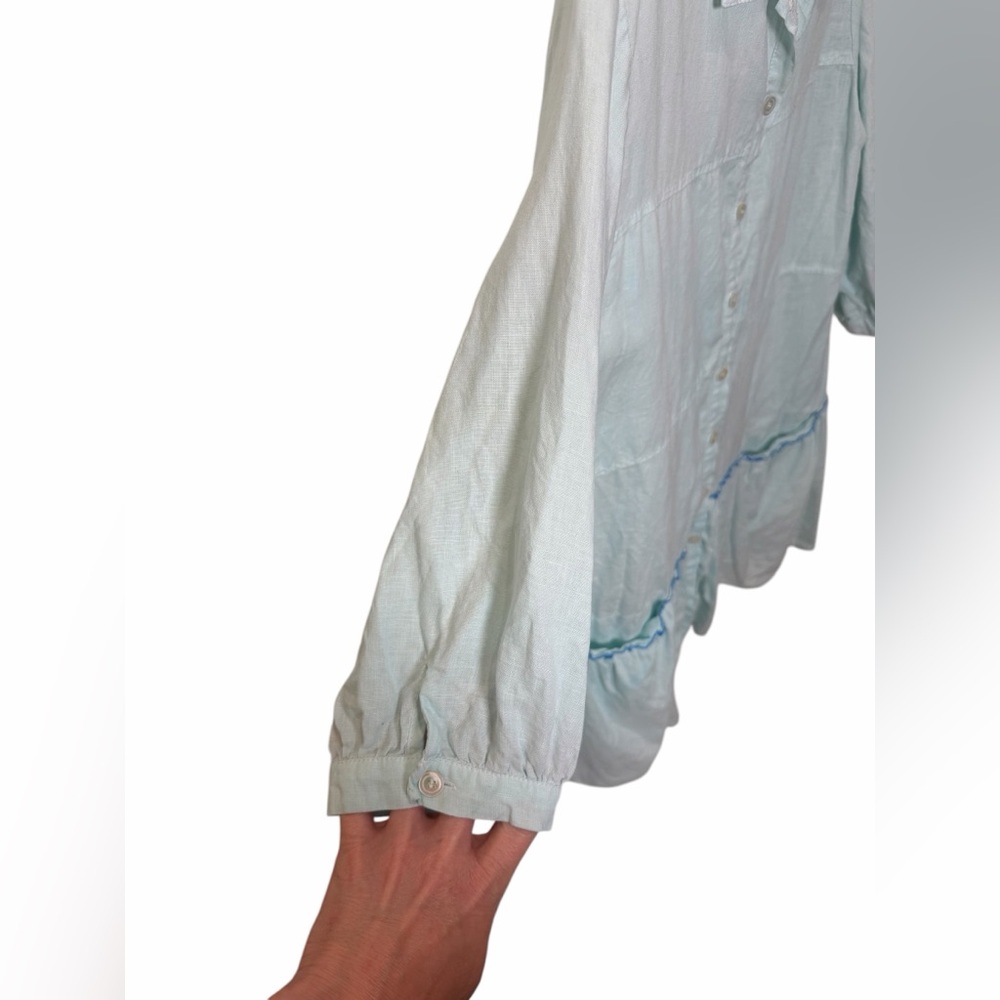 LA BLEND Bali Vintage 100% Linen Light Blue Ruffle Tunic Dress XL Coastal Boho - Picture 10 of 14